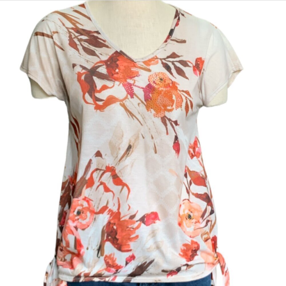 Christopher Banks Side Tie Floral V-Neck Top Studded Accent S 37G